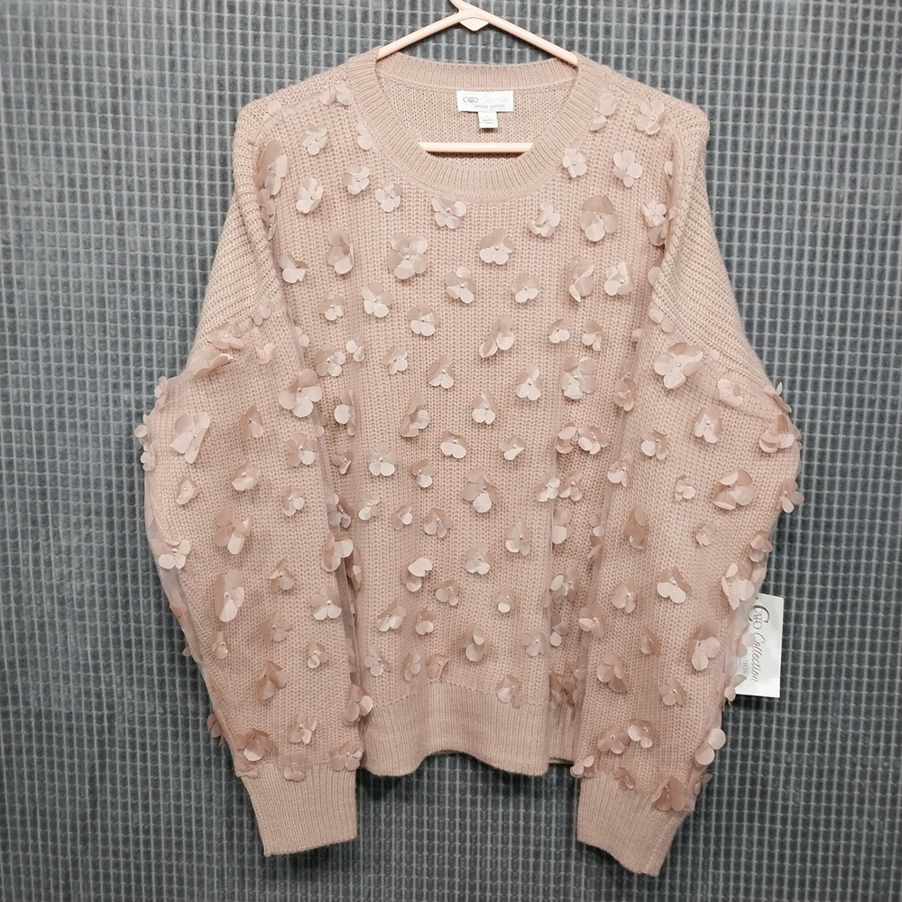 Cato Women Sweater 3D Floral Applique Mesh Sleeve Large Pink